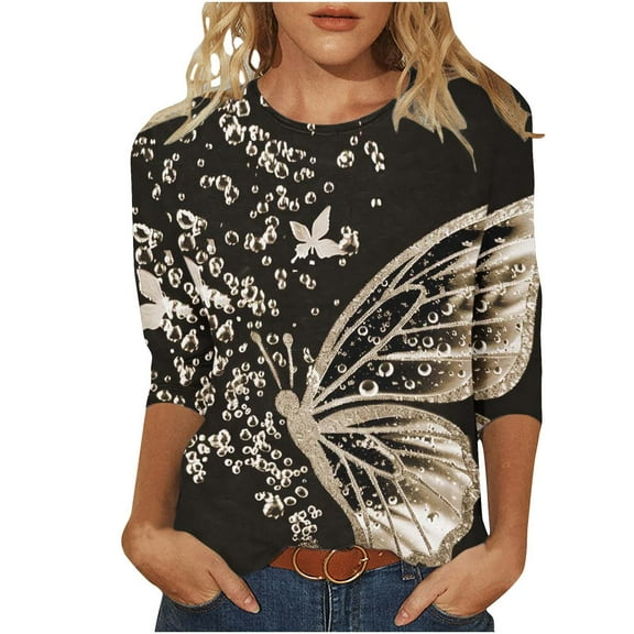 Charella Women's Casual 3/4 Sleeve T-Shirts Fashion Printed Crew Neck Tunic Tops Basic Tees Loose Fit Blouses (L, Yellow 4)