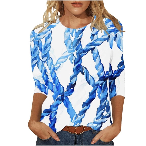 Charella Women's Casual 3/4 Sleeve T-Shirts Fashion Printed Crew Neck Tunic Tops Basic Tees Loose Fit Blouses (XL, Blue)