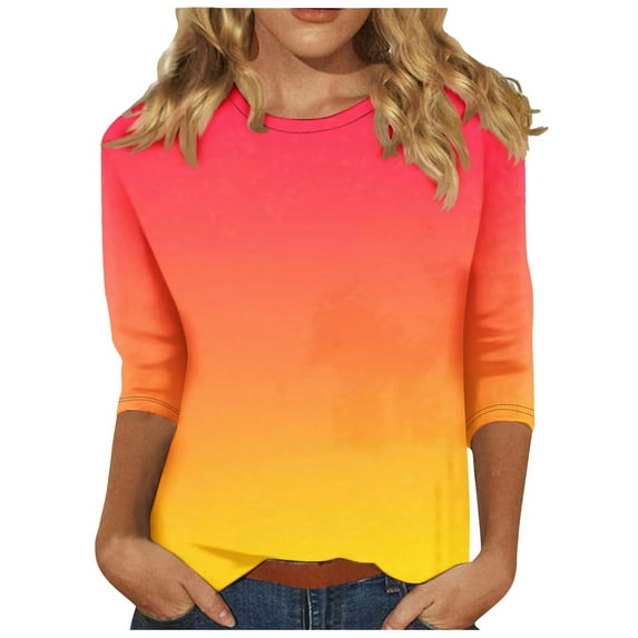Charella Women's Casual 3/4 Sleeve Tees Gradient Color T-Shirts Crew Neck Tunic Tops Loose Fit Blouses (S, Orange 1)