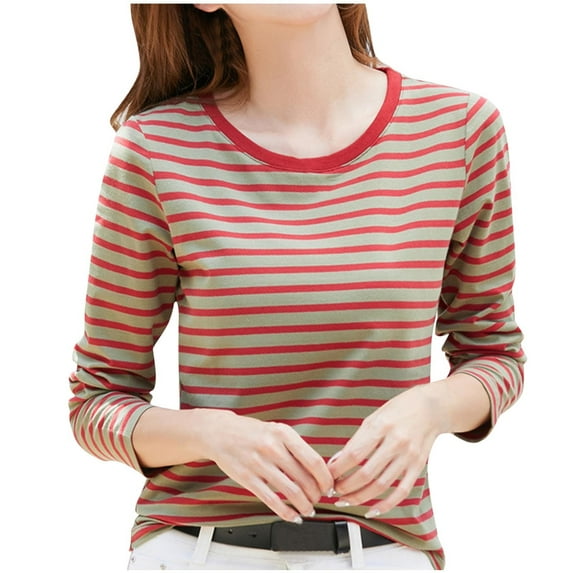 Charella Women's Casual Long Sleeve T-Shirts Striped Crew Neck Tunic Tops Basic Tees Blouses Fit Pullover (L, Red)