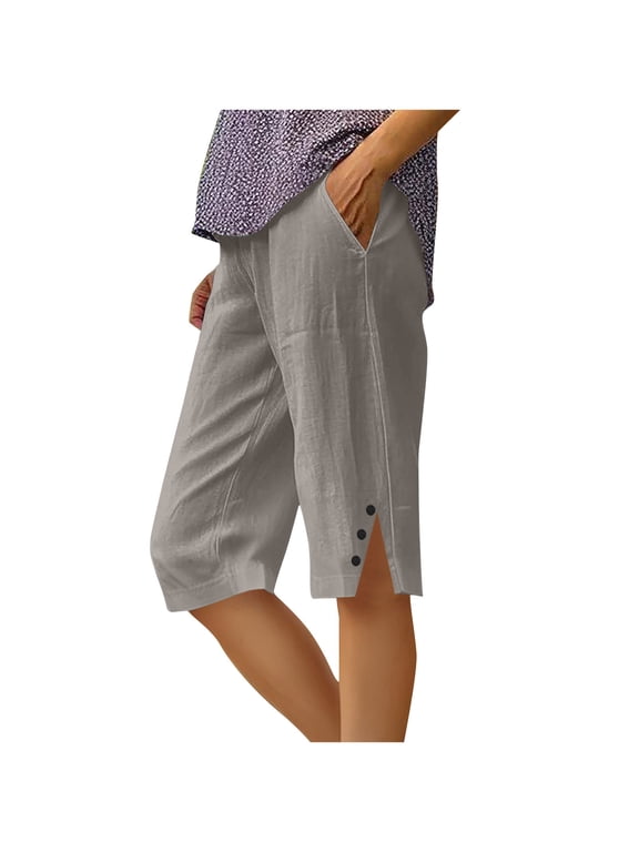 Women's Cotton Linen Pants Wide Leg Casual Split Buttons Elastic Waist Summer Half Pants with Pockets (S, Gray)
