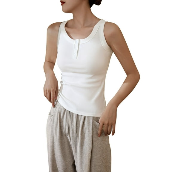 Charella Women's Cotton Tank Tops Summer Trendy Casual Slim Fit Henley Sleeveless Shirts Classic Solid Color Blouses (M, White)