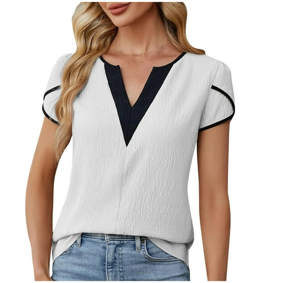 Charella Women's Dressy Casual Blouses Trendy V Neck Color Block Ruffle Short Sleeve Tops Business Loose Fit Tunic Shirts (2XL, White)