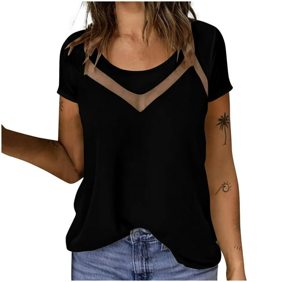 Charella Women's Dressy Casual Tops Front Mesh Insert Crew Neck Short Sleeve Blouses Fashion Shirts Loose Fit Clothes (4XL, Black)