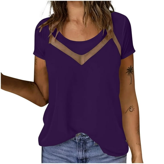 Charella Women's Dressy Casual Tops Front Mesh Insert Crew Neck Short Sleeve Blouses Fashion Shirts Loose Fit Clothes (5XL, Purple)