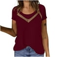 thumbnail image 1 of Charella Women's Dressy Casual Tops Front Mesh Insert Crew Neck Short Sleeve Blouses Fashion Shirts Loose Fit Clothes (L, Wine), 1 of 8