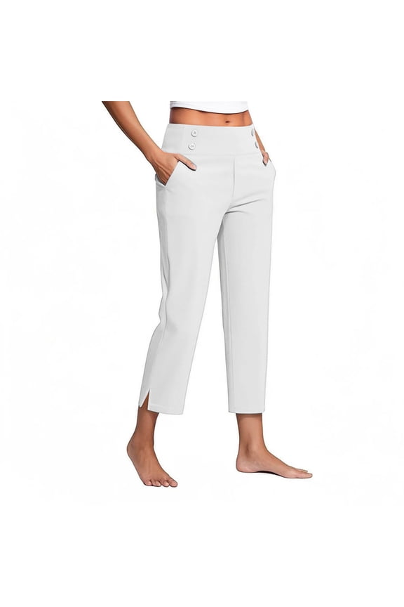Women's Dressy Pants Straight Leg Casual Split Elastic Waist Workout Cropped Pants with Pockets S-3xl (M, White|long)