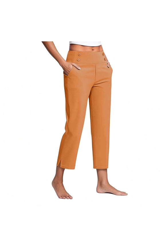 Women's Dressy Pants Straight Leg Casual Split Elastic Waist Workout Cropped Pants with Pockets S-3xl (S, Orange|long)