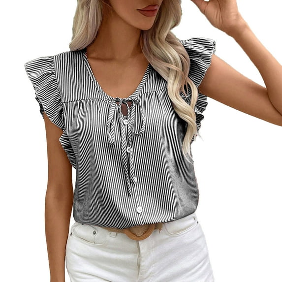 Charella Women's Fashion Blouses Striped Tie Front Button down Shirts Ruffle Short Sleeve Tops Summer Casual Clothes (L, Black)