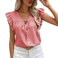 thumbnail image 1 of Charella Women's Fashion Blouses Striped Tie Front Button down Shirts Ruffle Short Sleeve Tops Summer Casual Clothes (XL, Red), 1 of 7
