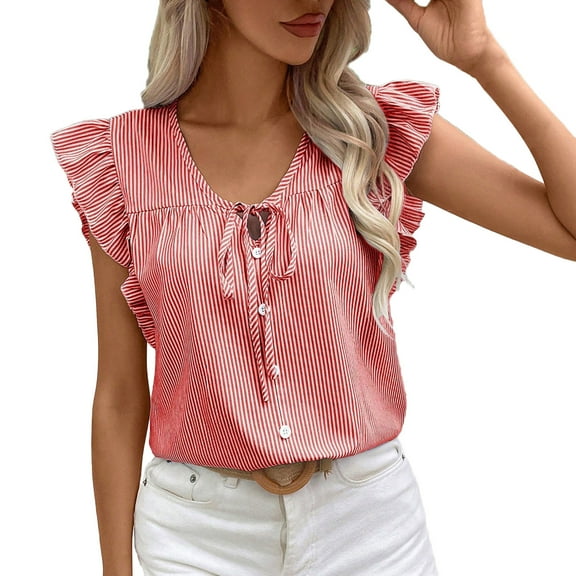 Charella Women's Fashion Blouses Striped Tie Front Button down Shirts Ruffle Short Sleeve Tops Summer Casual Clothes (XL, Red)
