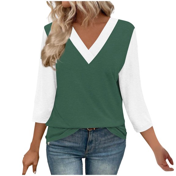 Charella Women's Fashion Tops Color Block V Neck 3/4 Length Sleeve Shirts Basic Tee Casual Loose Fit Clothes (M, Green 1)