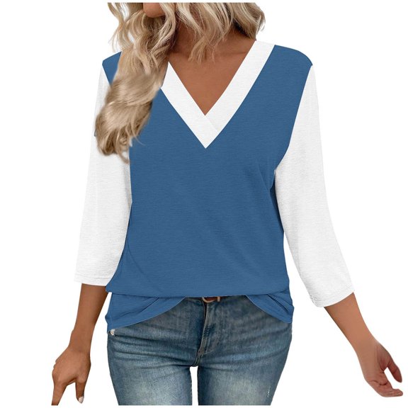 Charella Women's Fashion Tops Color Block V Neck 3/4 Length Sleeve Shirts Basic Tee Casual Loose Fit Clothes (S, Blue 1)