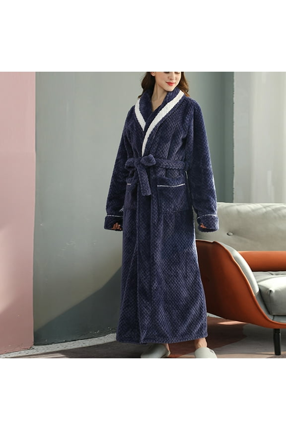 Women's Fleece Long Robe Warm Soft Plush Bathrobe Spa Robe Loungewear Navy,M