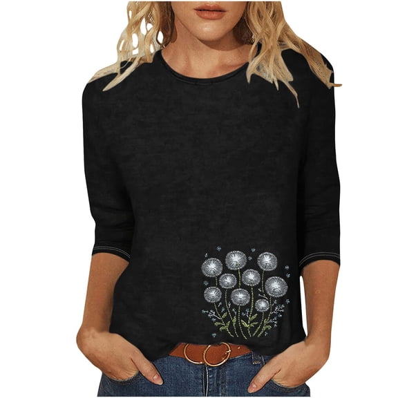 Charella Women's Floral Printed Tops 3/4 Sleeve Flower Graphic Tee Casual Loose Fit Crew Neck Shirts (3XL, Black 4)