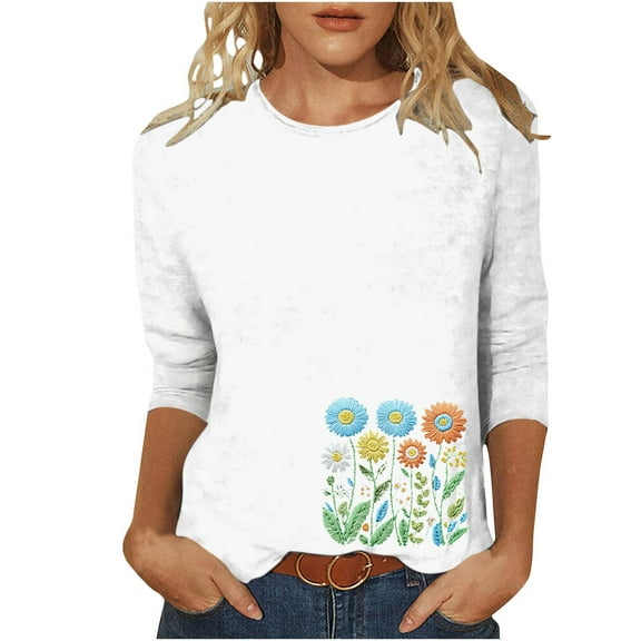 Charella Women's Floral Printed Tops 3/4 Sleeve Flower Graphic Tee Casual Loose Fit Crew Neck Shirts (3XL, White 9)