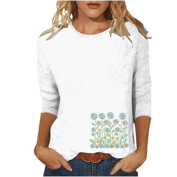 Charella Women's Floral Printed Tops 3/4 Sleeve Flower Graphic Tee Casual Loose Fit Crew Neck Shirts (5XL, White)
