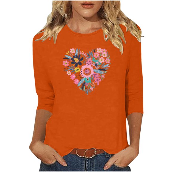 Charella Women's Floral Printed Tops Flower Graphic Tee Casual Crew Neck 3/4 Sleeve Shirts Loose Fit Clothes (M, Orange 3)