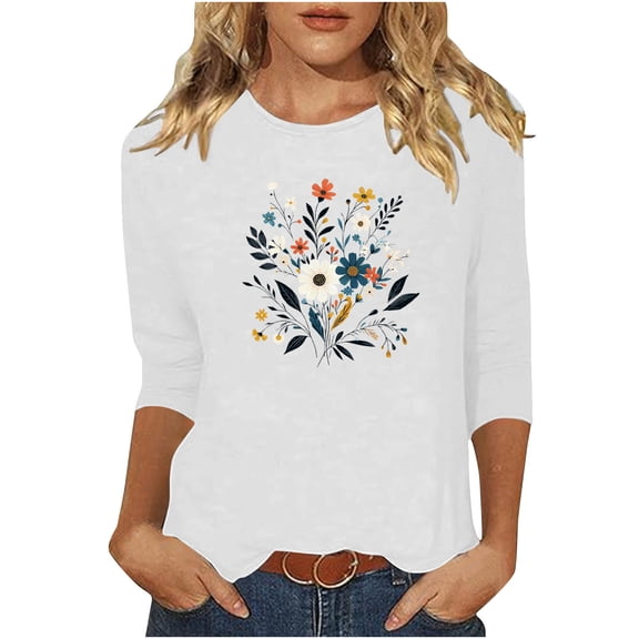 Charella Women's Floral Printed Tops Flower Graphic Tee Casual Crew Neck 3/4 Sleeve Shirts Loose Fit Clothes (M, White 1)
