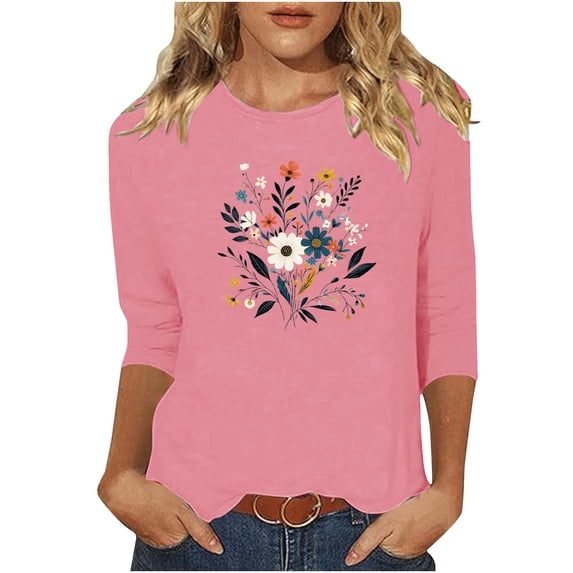 Charella Women's Floral Printed Tops Flower Graphic Tee Casual Crew Neck 3/4 Sleeve Shirts Loose Fit Clothes (S, Pink 1)