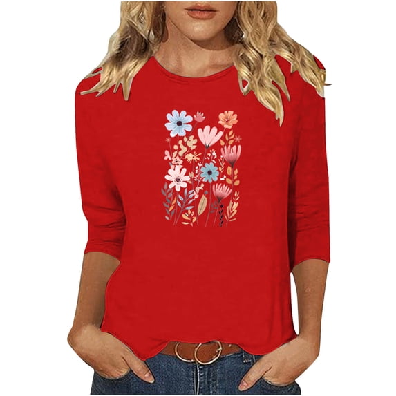 Charella Women's Floral Printed Tops Flower Graphic Tee Casual Crew Neck 3/4 Sleeve Shirts Loose Fit Clothes (S, Red 2)