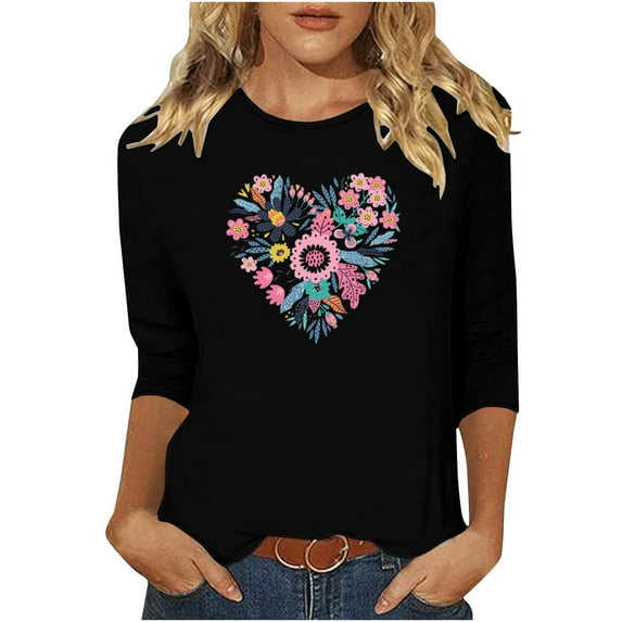 Charella Women's Floral Printed Tops Flower Graphic Tee Casual Crew Neck 3/4 Sleeve Shirts Loose Fit Clothes (XL, Black 3)