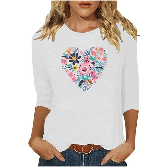 Charella Women's Floral Printed Tops Flower Graphic Tee Casual Crew Neck 3/4 Sleeve Shirts Loose Fit Clothes (XL, White 3)