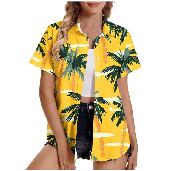 Charella Women's Hawaiian Button down Shirts Casual Floral Printed Short Sleeve Tops Summer Trendy Loose Fit Blouses (2XL, Yellow 1)