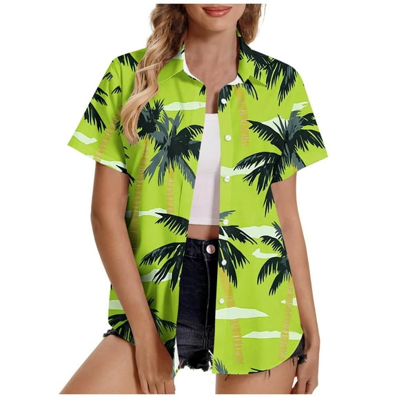 Charella Women's Hawaiian Button down Shirts Casual Floral Printed Short Sleeve Tops Summer Trendy Loose Fit Blouses (L, Green 1)