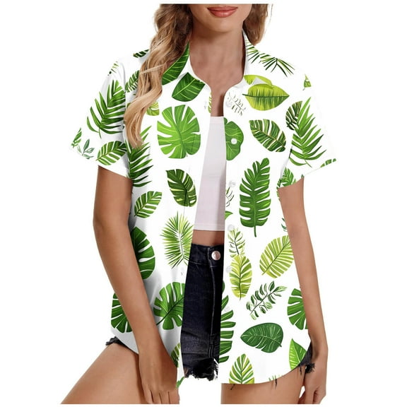 Charella Women's Hawaiian Button down Shirts Casual Floral Printed Short Sleeve Tops Summer Trendy Loose Fit Blouses (XL, Green)