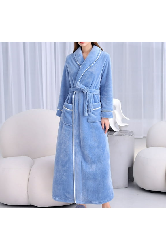 Women's Hooded Fleece Robe Soft Fluffy Long Bathrobe Winter Warm Loungewear Blue,XL