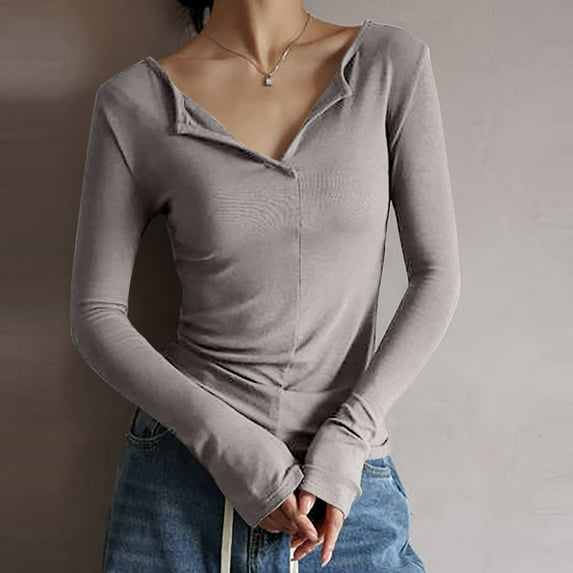 Charella Women's Knitted Basic Shirt Casual V-neck Slim Fitted Long Sleeve Tee Top Beige,4