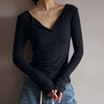 thumbnail image 1 of Charella Women's Knitted Basic Shirt Casual V-neck Slim Fitted Long Sleeve Tee Top Black,6, 1 of 6