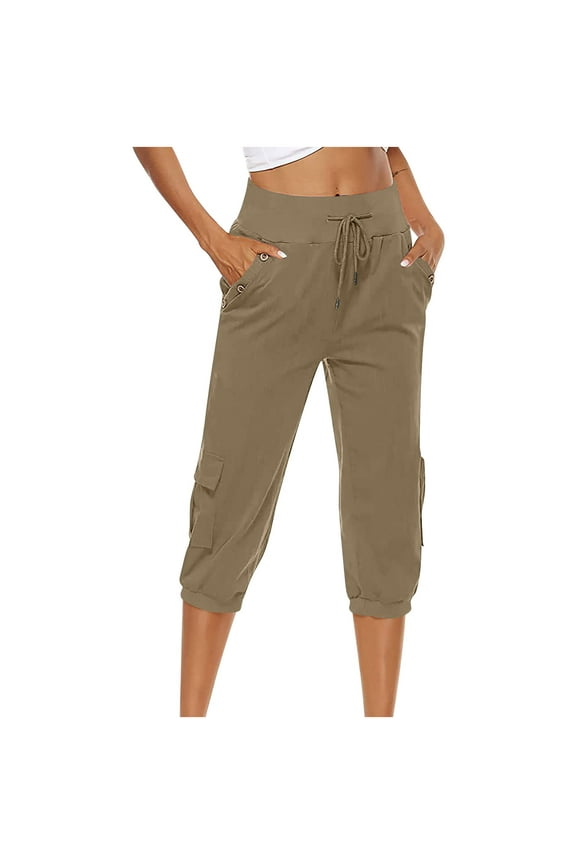 Women's Linen Capri Pants Drawstring Elastic Waist Slim-Leg Casual Solid Trousers with Pockets (M, Khaki)