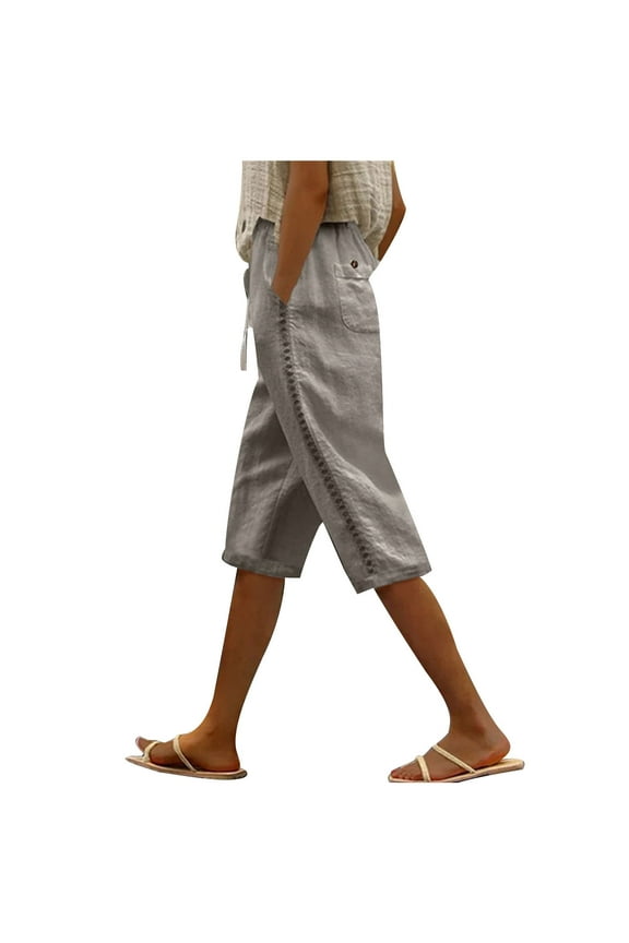 Women's Linen Capri Pants Drawstring Elastic Waist Straight-Leg Casual Trousers with Pockets (XL, Silver)
