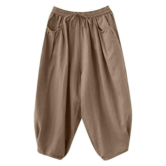 Charella Women's Linen Cropped Pants Drawstring Elastic Waist Wide Leg Casual Loose Trousers with Pockets (2XL, Khaki)