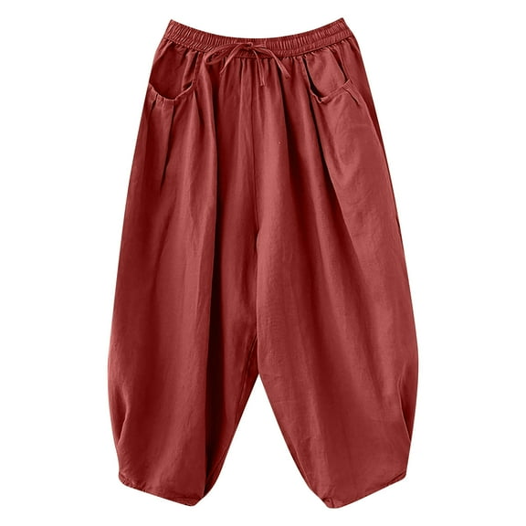 Charella Women's Linen Cropped Pants Drawstring Elastic Waist Wide Leg Casual Loose Trousers with Pockets (L, Red)