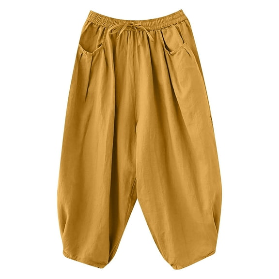 Charella Women's Linen Cropped Pants Drawstring Elastic Waist Wide Leg Casual Loose Trousers with Pockets (XL, Yellow)