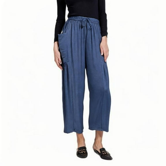 Charella Women's Linen Pants Elastic Waist Wide Leg Casual Loose Trousers with Large Pocket Lightweight Pants (L, Dark Blue)