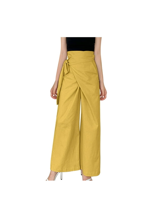 Women's Linen Pants High Waisted Wide Leg Tie Front Fashion Loose Fit Trousers Lightweight Pants (L, Yellow)