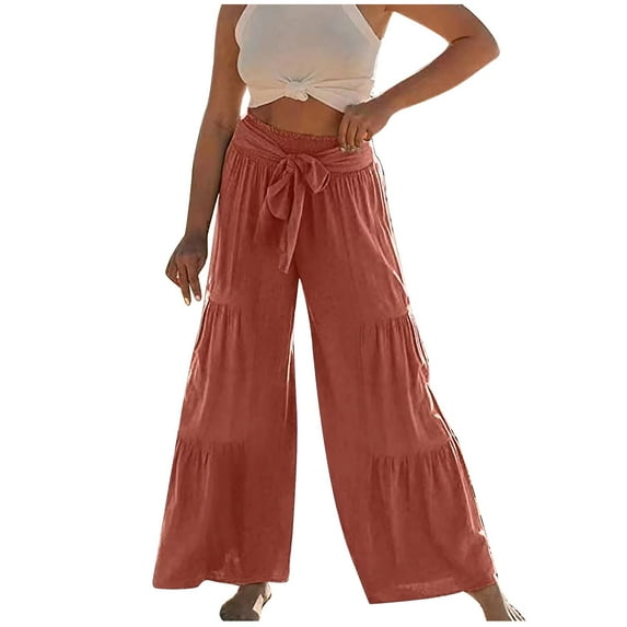 Charella Women's Linen Pants Pleated Wide Leg Tie Front Elastic Waist Casual Loose Fit Comfy Trousers (L, Orange)
