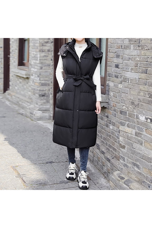 Women's Long Puffer Vest Sleveless Zip up Padded Jacket Gilet Winter Warm Collar Coats Cardigan Outerwear with Pockets Black,L