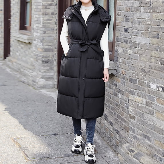 Charella Women's Long Puffer Vest Sleveless Zip up Padded Jacket Gilet Winter Warm Collar Coats Cardigan Outerwear with Pockets Black,XL