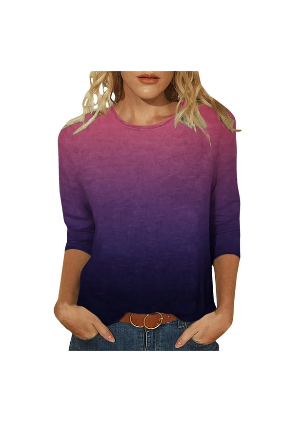 Women's Long Sleeve Tops Crewneck 3/4 Sleeve Gradient Blouse Loose Shirt Purple_C,S