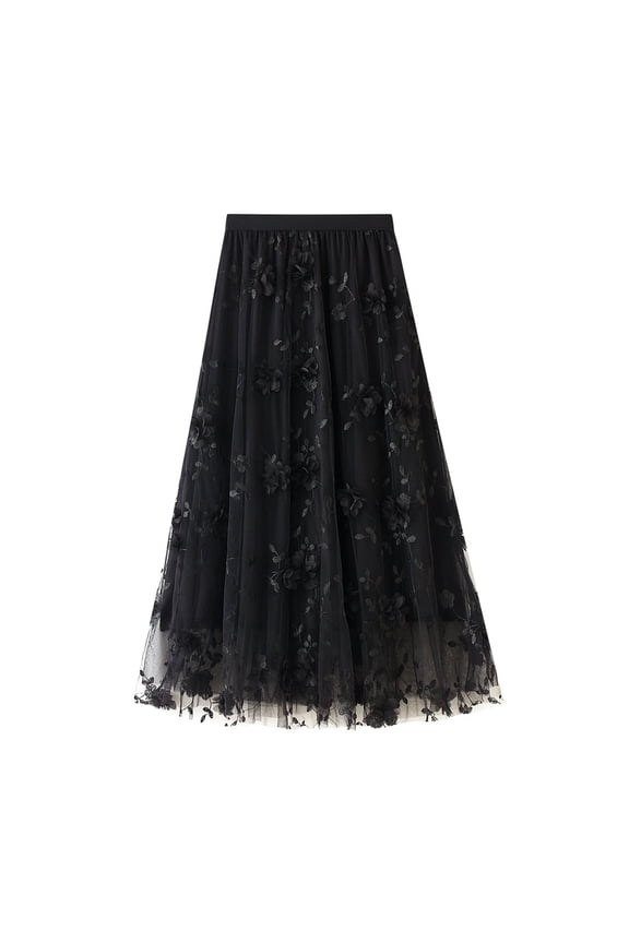 Women's Long Tulle Tutu Skirt 3D Flower Embroidery Solid Color High Waist Mesh Midi Swing Skirt Black,