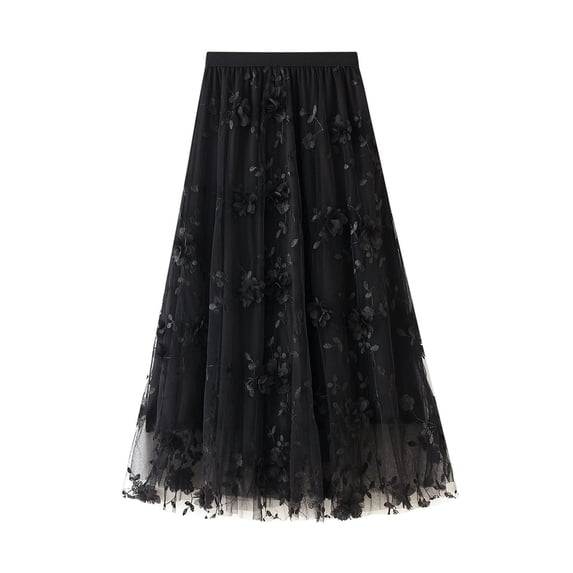 Charella Women's Long Tulle Tutu Skirt 3D Flower Embroidery Solid Color High Waist Mesh Midi Swing Skirt Black,