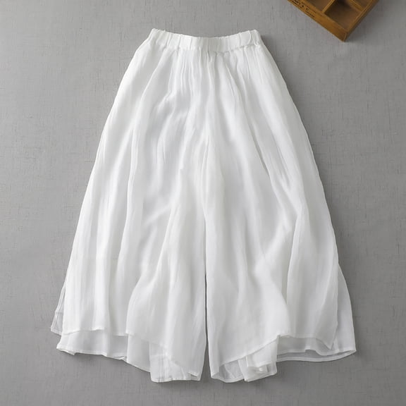 Charella Women's Loose Wide Leg Pants Elastic Waist Double Layer Casual Pants Flowy Comfy Trousers Dress Pants White,XL