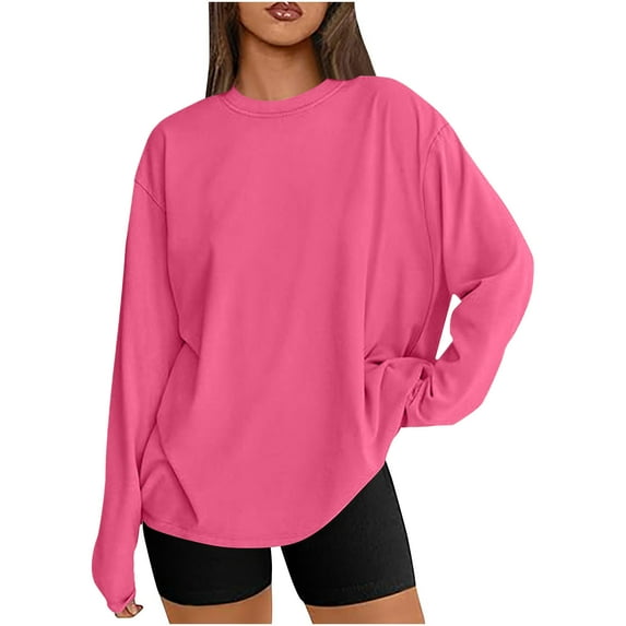 Charella Women's Oversized T-Shirts Crew Neck Long Sleeve Tops Basic Solid Color Tee Casual Loose Clothes (S, Hot Pink)