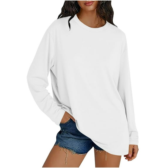 Charella Women's Oversized T-Shirts Crew Neck Long Sleeve Tops Basic Solid Color Tee Casual Loose Clothes (XL, White)