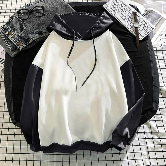 Charella Women's Patchwork Hoodies Casual Long Sleeves Pullover Sweatshirt Teen Girls Y2k Clothes Black,M